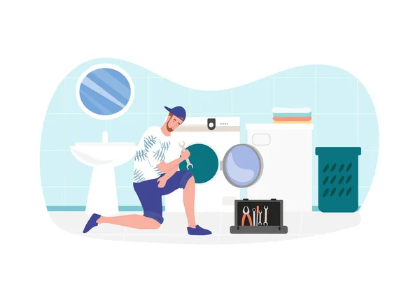 Mand ekspert reparatør er fastsættelse af en vaskemaskine derhjemme – Stock-vektor