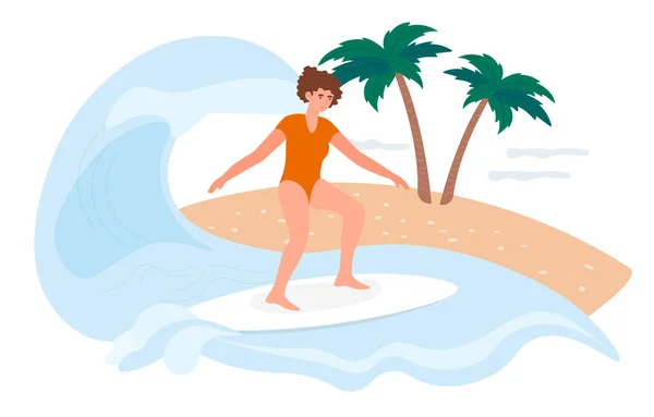 Feliz surfista femenina está surfeando a bordo en unas vacaciones de verano — Vector de stock