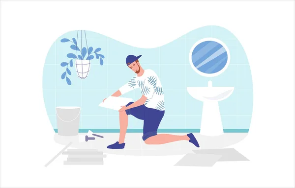 Homme expert tiler travailleur fait plancher dans les toilettes à la maison — Image vectorielle