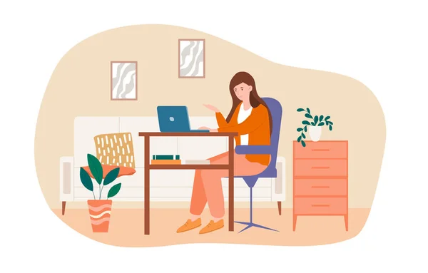 Femme d'affaires travaille sur son ordinateur portable dans un bureau confortable — Image vectorielle