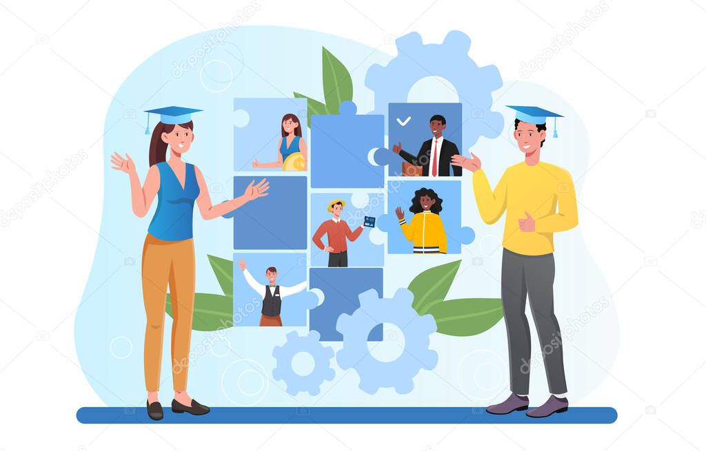 Male and female students in graduation hatchoosing program in college together
