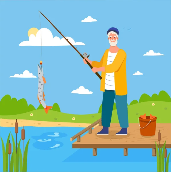 Hombre pescador de edad avanzada está pescando en el estanque por sí mismo — Vector de stock