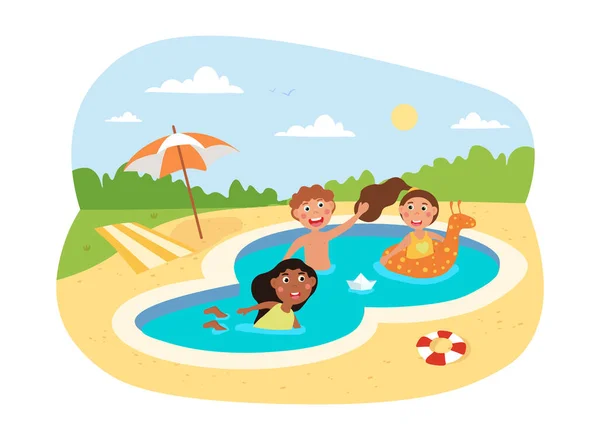 Niños pequeños y felices nadando en la piscina de vacaciones juntos — Vector de stock