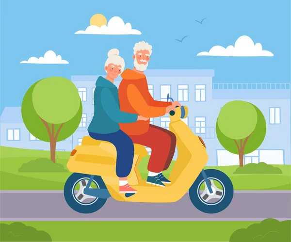 Linda pareja de ancianos está conduciendo scooter en la ciudad — Vector de stock