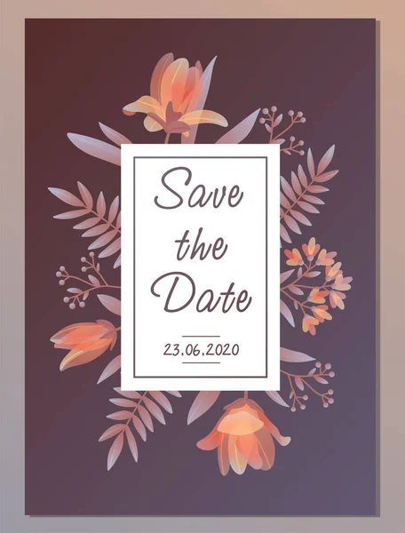 Cute botanical wedding invitation card with save the date lettering — Stock Vector
