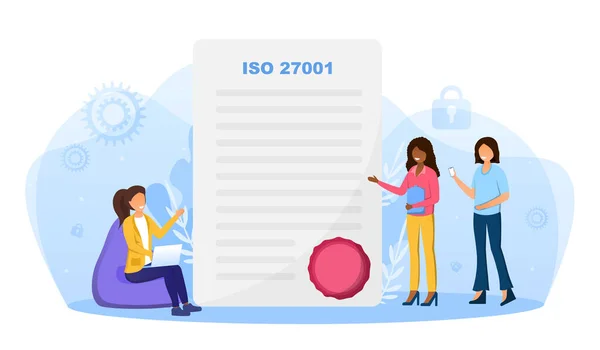 Tres jóvenes personajes femeninos presentan certificado ISO 27001 con sello — Archivo Imágenes Vectoriales