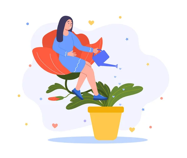 Självförsörjande kvinna sitter på blomman. — Stock vektor