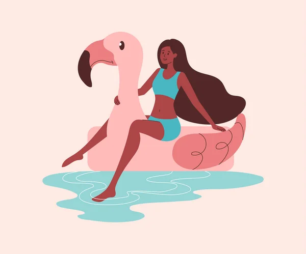 Mulher nova bonito está sentado no flamingo inflável — Vetor de Stock