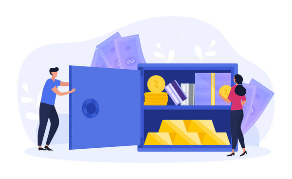 Персонажи мужского и женского пола экономят деньги и другие ценности в банковском сейфе