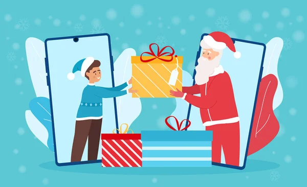Feliz Santa Claus está dando un regalo virtual a un niño en una videollamada en el teléfono inteligente — Archivo Imágenes Vectoriales