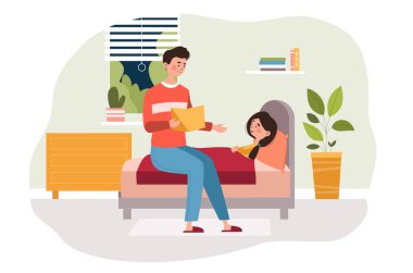 Genç baba, kızının uyuması için bir kitap okuyor.