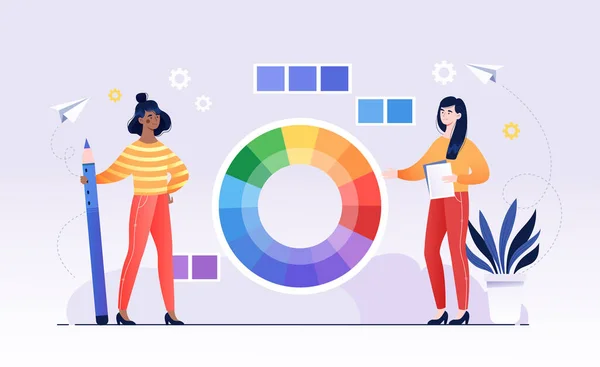Twee vrouwelijke personages staan naast kleur wiel schema — Stockvector