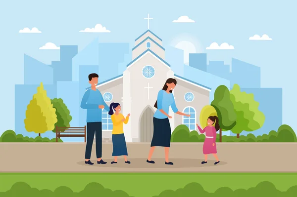 可爱的一家人正站在城市教堂附近 — 图库矢量图片