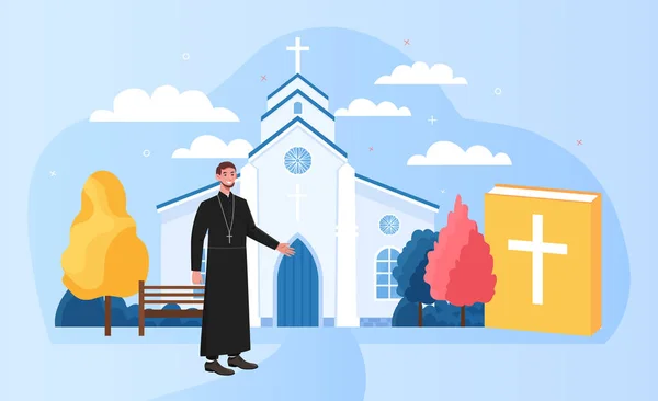 Prêtre masculin debout à l'extérieur grande église blanche — Image vectorielle