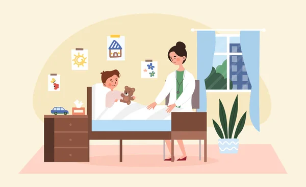 Kobieta lekarz odwiedza małego chorego chłopca w jego sypialni — Wektor stockowy