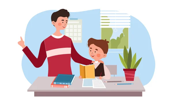 Junger Vater hilft seinem kleinen Sohn bei den Hausaufgaben — Stockvektor