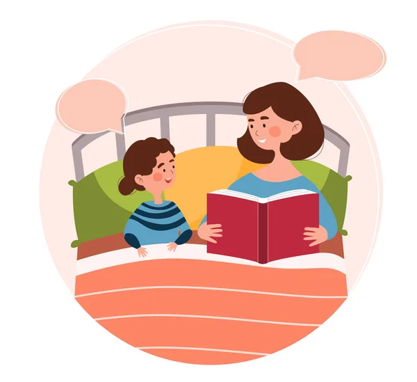 Sonriente madre está leyendo un cuento de hadas a la hora de acostarse con su hija pequeña en la cama — Vector de stock