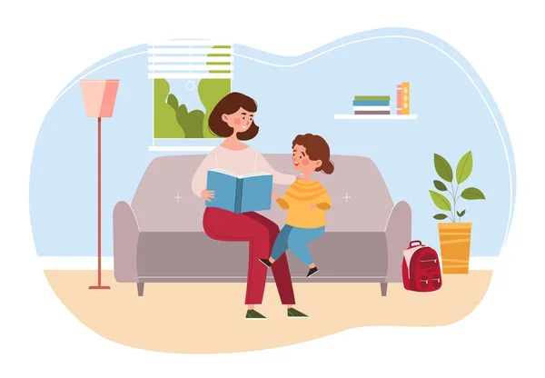 Mladá matka čte knížku malé dceři doma, sedící na pohodlném gauči v obývacím pokoji — Stockový vektor