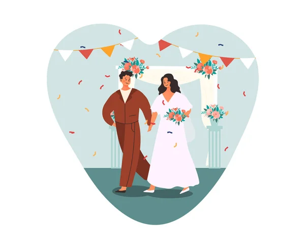 Sposa e sposo a piedi alla cerimonia di nozze. — Vettoriale Stock