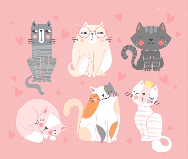 Coleção de seis bonito doodle engraçado mão desenhada gatos —  Vetores de Stock