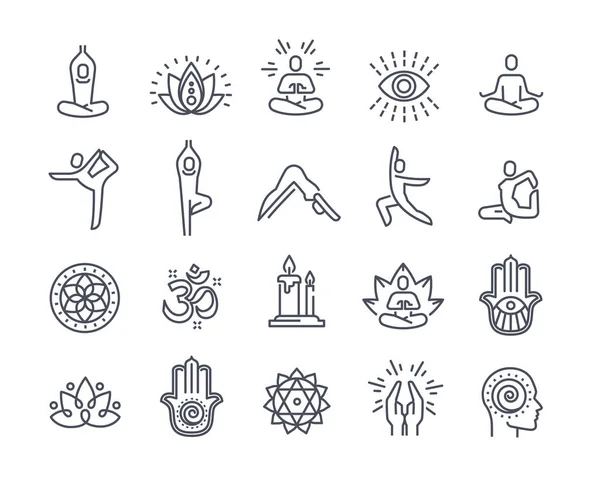 Иконки векторных линий практики йоги и медитации — стоковый вектор