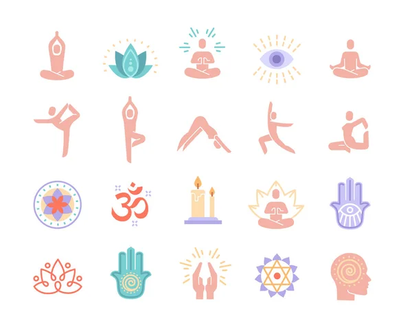 Yoga, prática de meditação ícones vetoriais coloridos —  Vetores de Stock