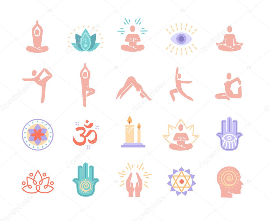 Yoga, meditation practice colorful vector icons