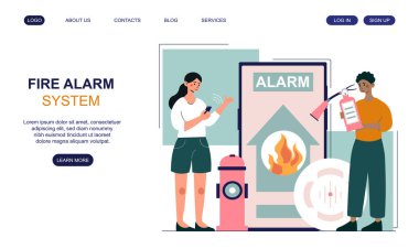 Erkek ve kadın karakterler akıllı telefon uygulamasından yangın alarmı uyarısı alıyorlar