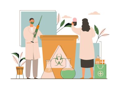 Erkek ve kadın doktorlar tıbbi atıkları atıyorlar.