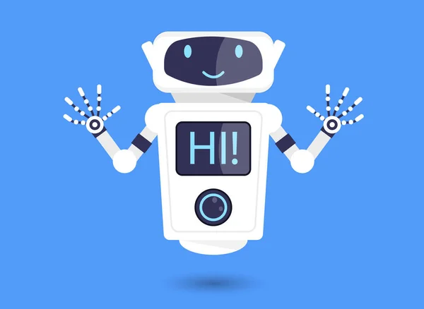 Χαριτωμένο χαμογελαστό λευκό ρομπότ λέει γεια σε μπλε φόντο — Διανυσματικό Αρχείο