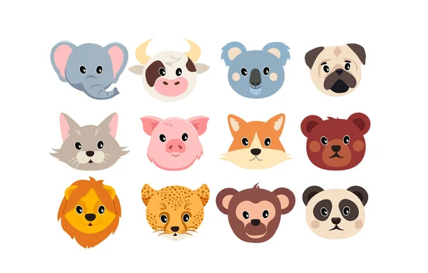 Conjunto de caras de animales lindos sobre fondo blanco — Vector de stock