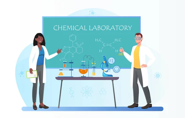 女性化学教師と安全ゴーグルの学生は実験室で実験を行う — ストックベクタ