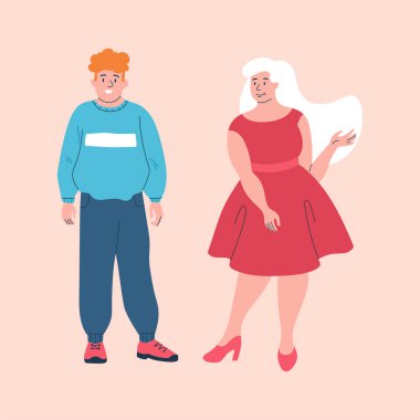 Genç, gülümseyen erkek ve kadın karakterler pembe arka planda yağlarını saklamak için bol kıyafetler giyerler.