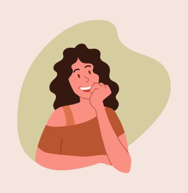 Happy smiling female character is leaning her head on one hand