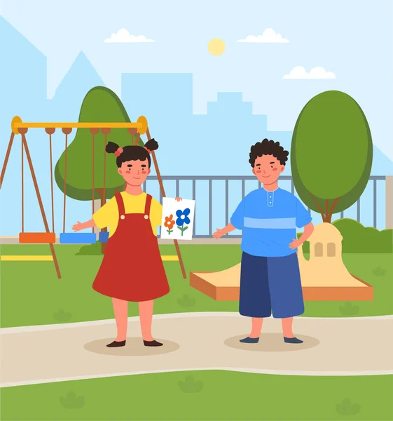 Cute little kids are talking outdoors on the playground — Stok Vektör