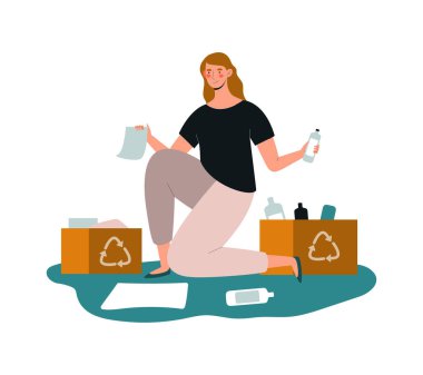 Young female character is collecting trash in recycle boxes
