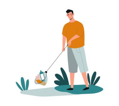 Young male character is collecting plastic trash with a stick