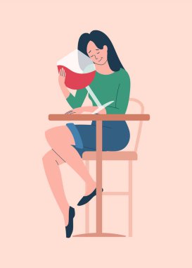 Young sad female character is sitting and holding big glass with red wine on pink background