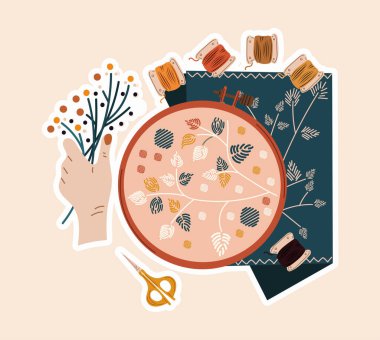 Cute sticker of sewing artwork with flowers, needle and thread