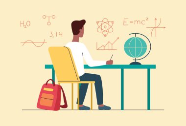 Young male character is sitting at desk and studying at home