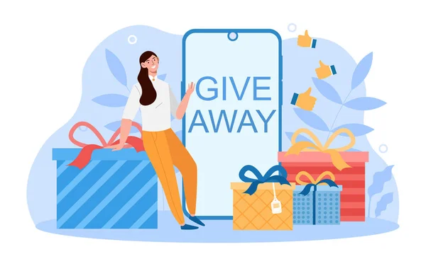 Young smiling female character is on a presents give away haul — Stockvector