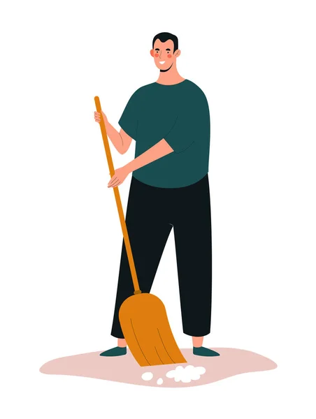 Young smiling male character is collecting and sweeping trash — Stock Vector