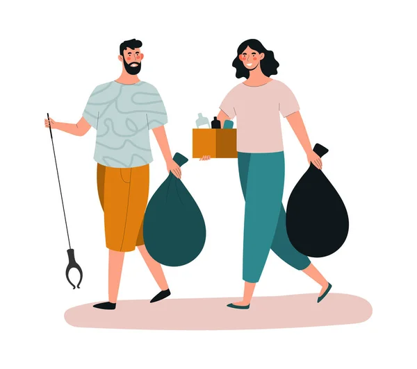 Male and female characters are collecting trash with equipment — Stock Vector