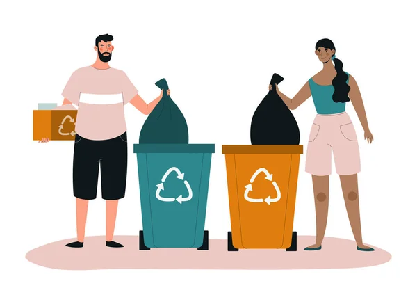 Male and female characters are collecting trash in recycling bin — Image vectorielle