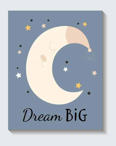 Cute sticker of sleeping moon with dream big lettering on blue background — Stock vektor