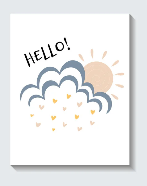 Cute sticker of sun coming out of a cloud with hello lettering on white background — 图库矢量图片