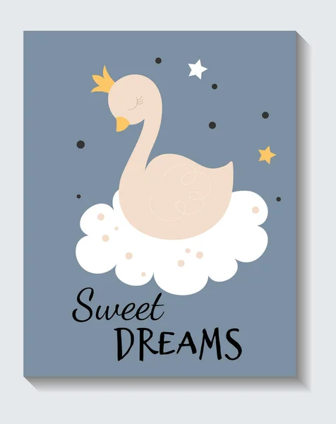 Cute sticker of sleeping dove with sweet dreams lettering on blue background — стоковый вектор