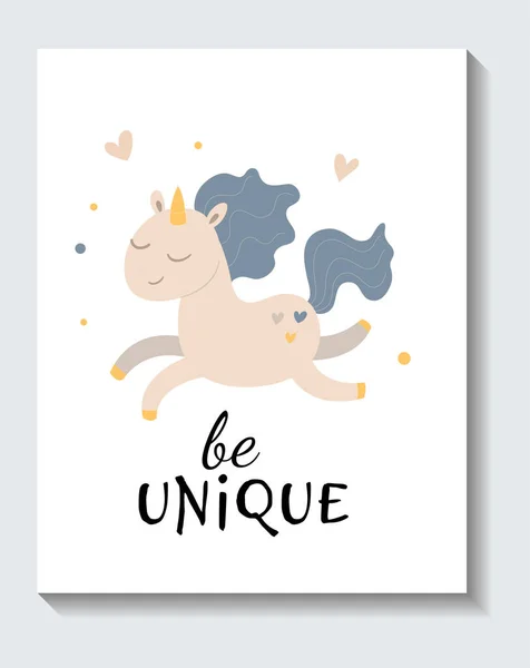 Cute sticker of running unicorn with be unique lettering on white background — Vector de stock