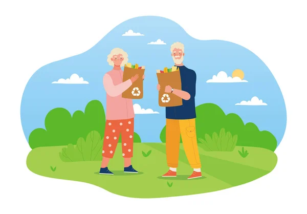 Elderly couple standing in the field with reusable bags — Stock Vector