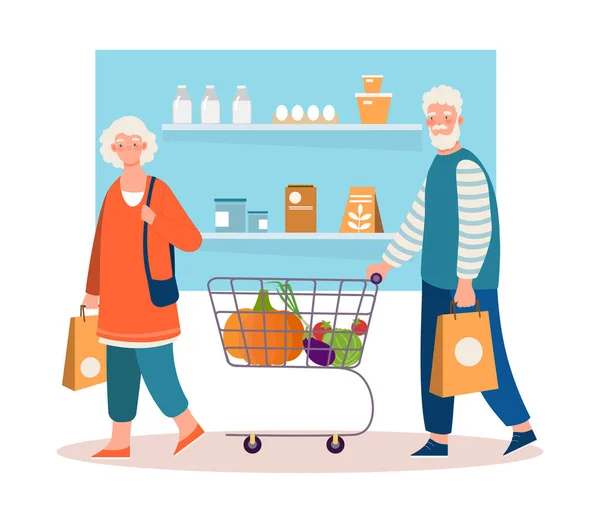 Happy senior couple is shopping with cart and basket in grocery store — стоковый вектор